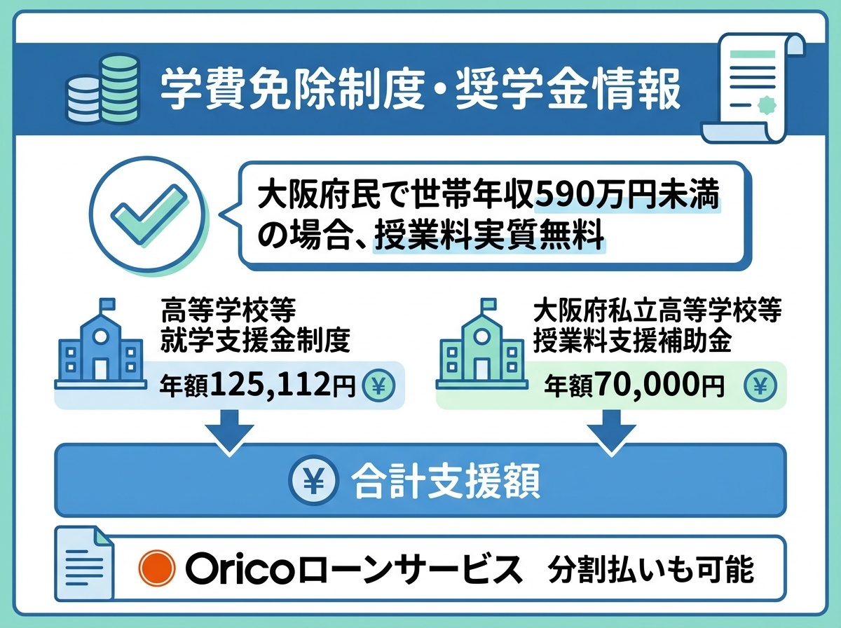ルネサンス大阪高校の学費免除制度を説明するインフォグラフィック。大阪府在住で世帯年収590万円未満なら授業料実質無料、国と府の支援金制度、オリコローンによる支払いプランを図解