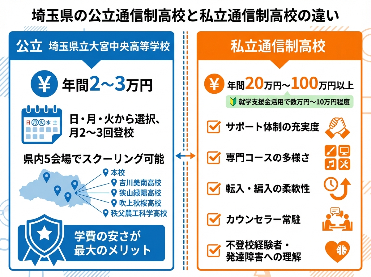 埼玉県の公立通信制高校と私立通信制高校の違いを比較したインフォグラフィック。左側に公立の埼玉県立大宮中央高等学校の情報を青色で表示。年間学費は2〜3万円、スクーリングは日・月・火から選択で月2〜3回登校、県内5会場(本校、吉川美南高校、狭山緑陽高校、吹上秋桜高校、秩父農工科学高校)で受講可能、学費の安さが最大のメリット。右側に私立通信制高校の情報をオレンジ色で表示。年間学費は20万円〜100万円以上だが就学支援金活用で数万円〜10万円程度に抑えられる。強みとしてサポート体制の充実度、専門コースの多様さ、転入・編入の柔軟性、カウンセラー常駐、不登校経験者・発達障害への理解を挙げる。下部に公立は学費が安く、私立はサポート充実という要約を表示。フラットデザインで青とオレンジの対比レイアウト