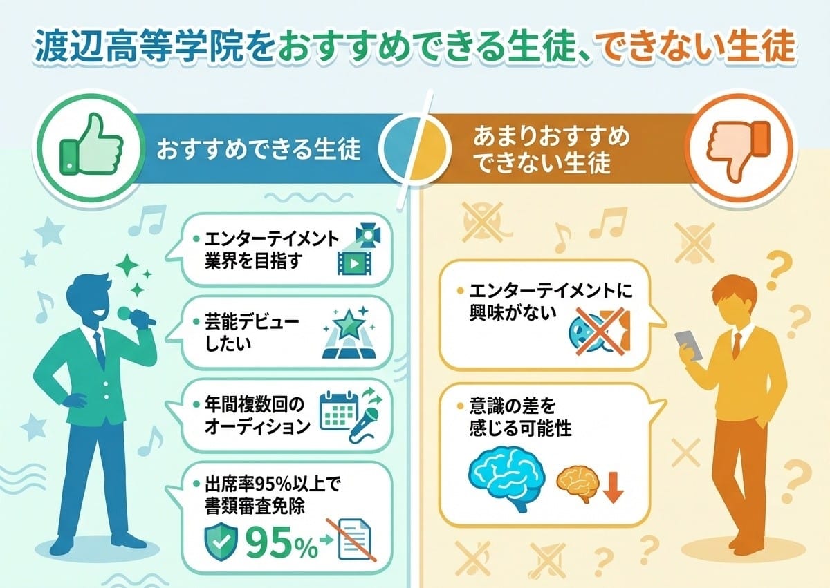 渡辺高等学院をおすすめできる生徒とできない生徒 - おすすめできる生徒はエンターテイメント業界を目指す、芸能デビューしたい、年間複数回のオーディション、出席率95%以上で書類審査免除、おすすめできない生徒はエンターテイメントに興味がない、意識の差を感じる可能性