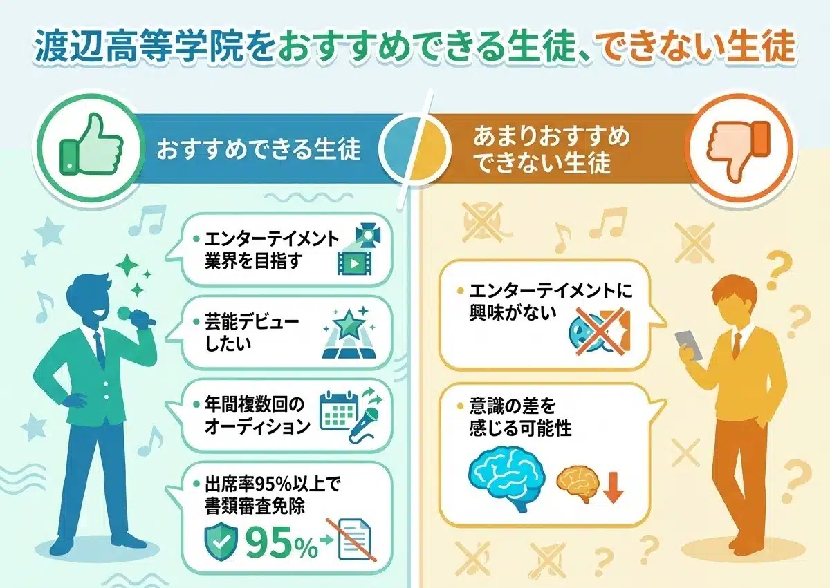 渡辺高等学院をおすすめできる生徒とできない生徒 - おすすめできる生徒はエンターテイメント業界を目指す、芸能デビューしたい、年間複数回のオーディション、出席率95%以上で書類審査免除、おすすめできない生徒はエンターテイメントに興味がない、意識の差を感じる可能性