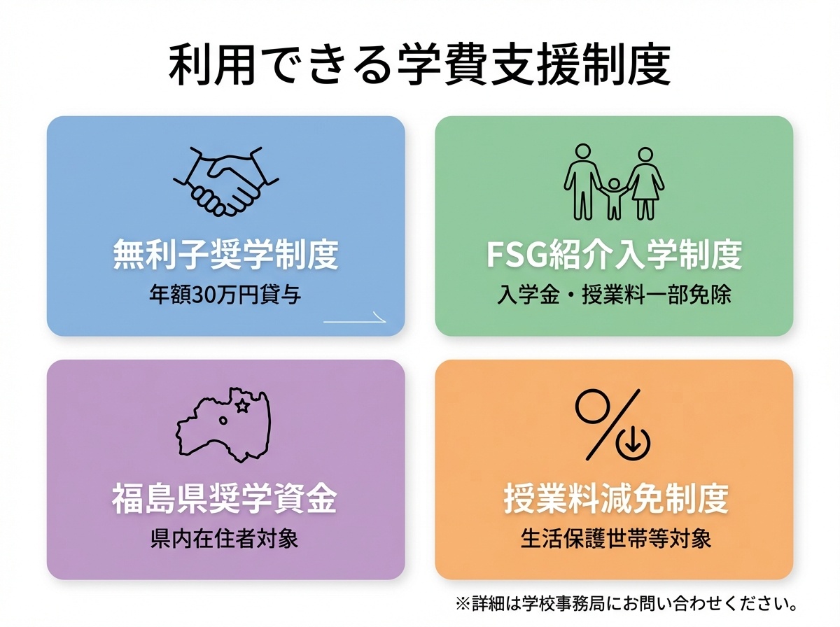 FSG高等部で利用できる4つの学費支援制度:無利子奨学制度、FSG紹介入学制度、福島県奨学資金、授業料減免制度