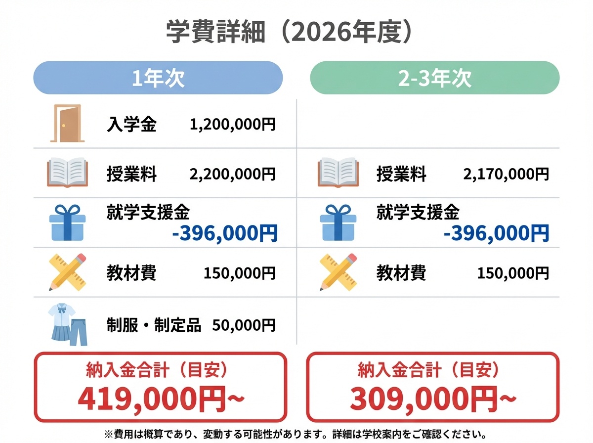 FSG高等部の学費詳細2026年度、1年次419,000円〜、2・3年次309,000円〜(就学支援金適用後)