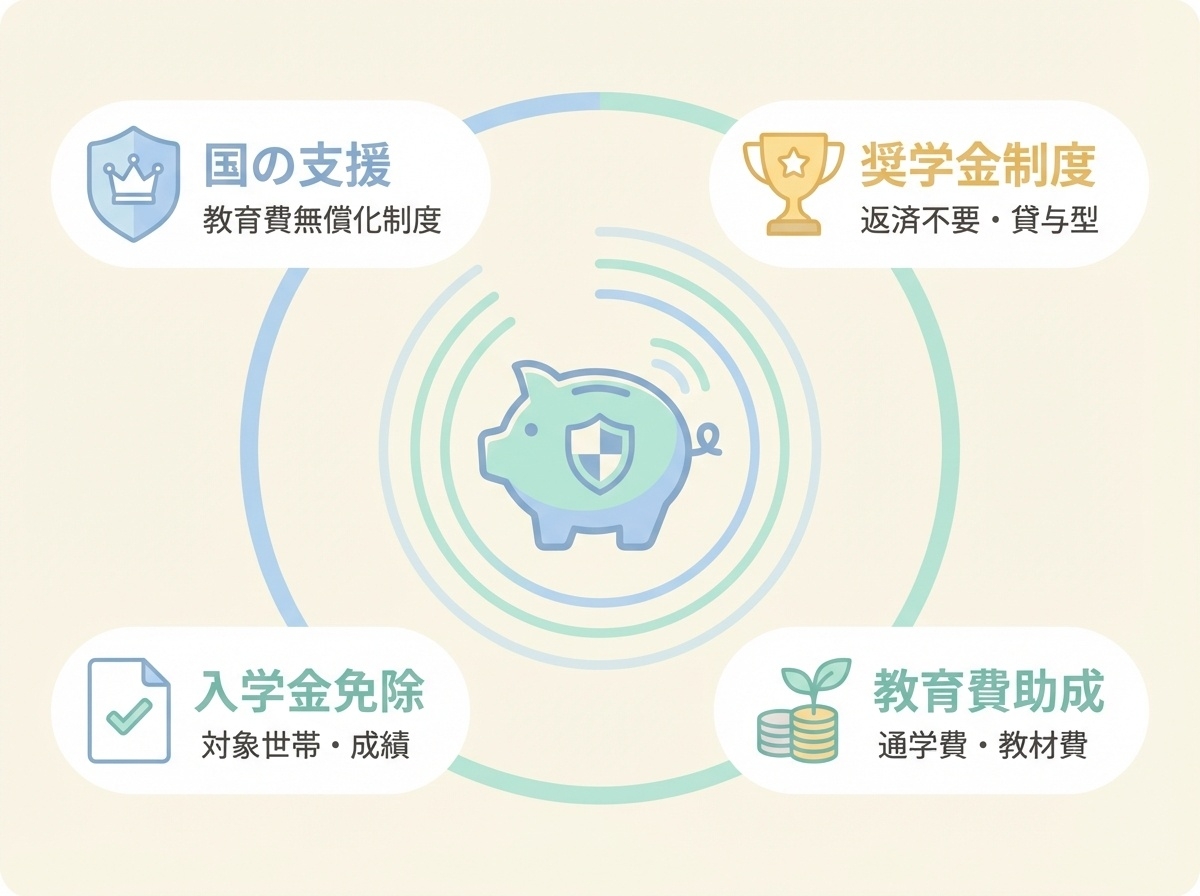 一志学園高等学校の学費サポートや奨学金情報 就学支援金制度、推薦入試合格者向け特待生制度、一般入試成績優秀者向け特待生制度、入学金免除、教育充実費給付などの支援制度を示すフラットデザインのインフォグラフィック