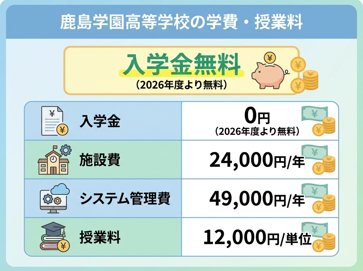 鹿島学園高等学校の学費一覧。2026年度より入学金0円、施設費24,000円/年、システム管理費49,000円/年、授業料12,000円/単位を表で示したインフォグラフィック。