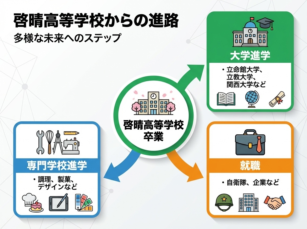 啓晴高等学校卒業後の進路 大学進学(立命館大学・立教大学・関西大学など)・専門学校進学(調理・製菓・デザインなど)・就職(自衛隊・企業など)
