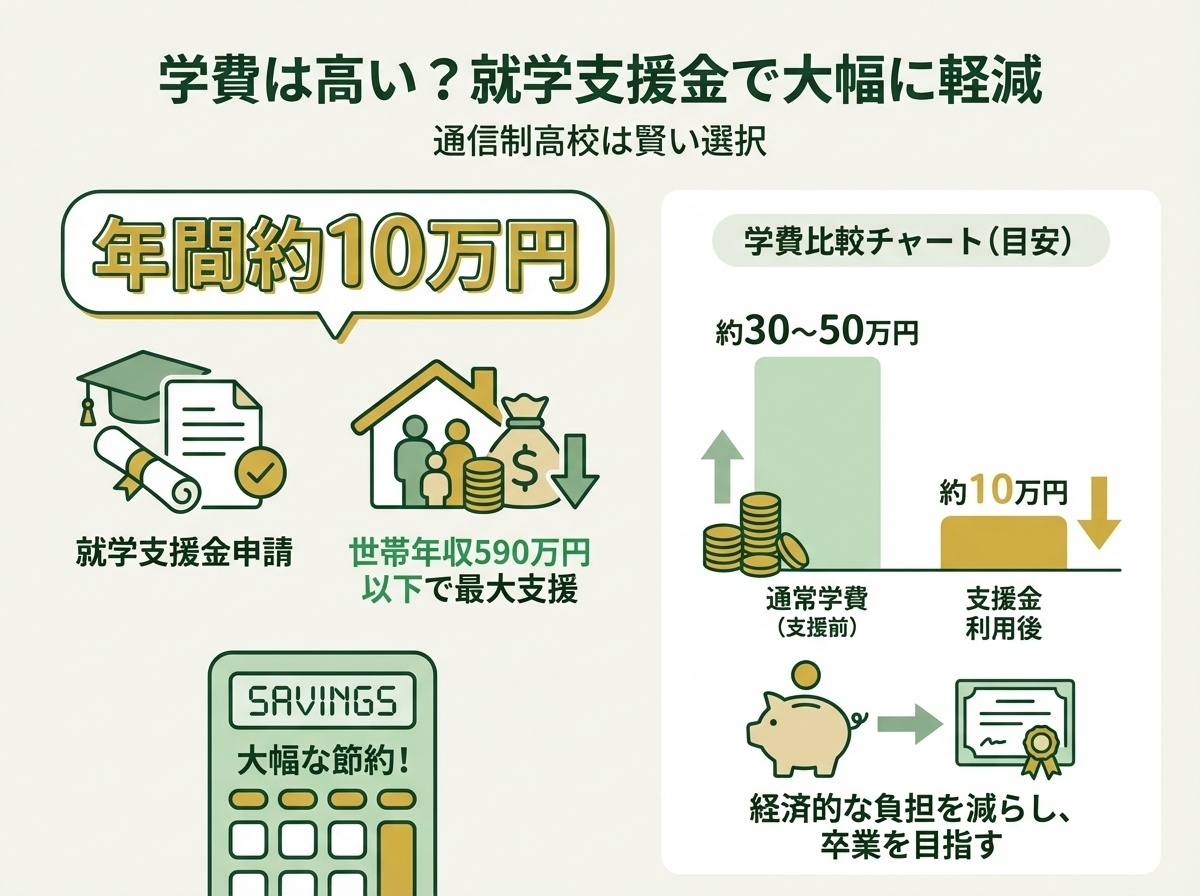 鹿島学園高等学校の学費負担軽減を説明するインフォグラフィック。就学支援金制度により年間約10万円で通学可能であること、世帯年収590万円以下で最大支援を受けられることを図解。