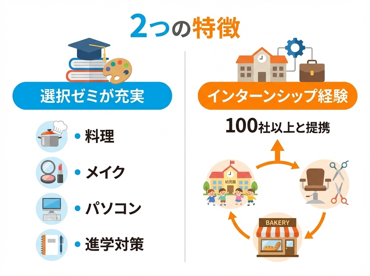 星槎国際高等学校の2つの特徴 - 充実した選択ゼミ（料理、メイク、パソコン、進学対策）と100社以上と提携したインターンシップ経験