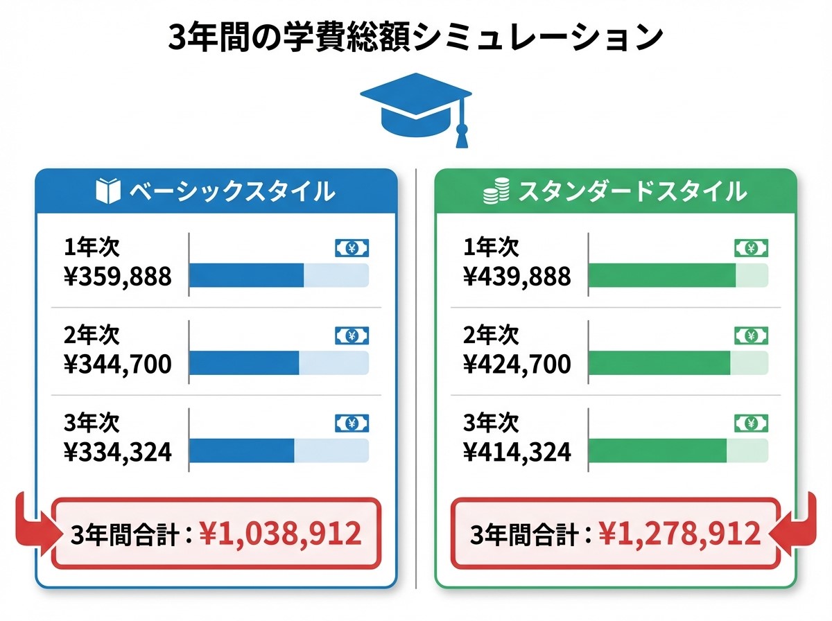 飛鳥未来高等学校3年間の学費総額シミュレーションインフォグラフィック。ベーシックスタイルは1年次359,888円、2年次344,700円、3年次334,324円で3年間合計1,038,912円。スタンダードスタイルは1年次439,888円、2年次424,700円、3年次414,324円で3年間合計1,278,912円。就学支援金適用時の金額比較。