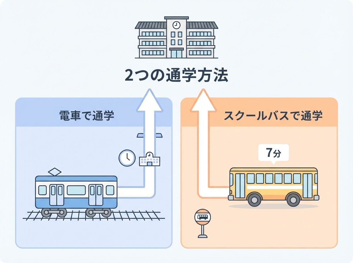 一志学園高等学校へのアクセス・通学方法 電車で通学する方法とスクールバスで通学する方法の2つの独立した通学ルートがあることを示すフラットデザインのインフォグラフィック