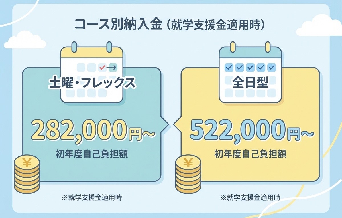 一志学園高等学校の学費・授業料2026年度 土曜・フレックスコース初年度自己負担額282,000円、全日型コース初年度自己負担額522,000円を示すフラットデザインのインフォグラフィック(就学支援金適用時)