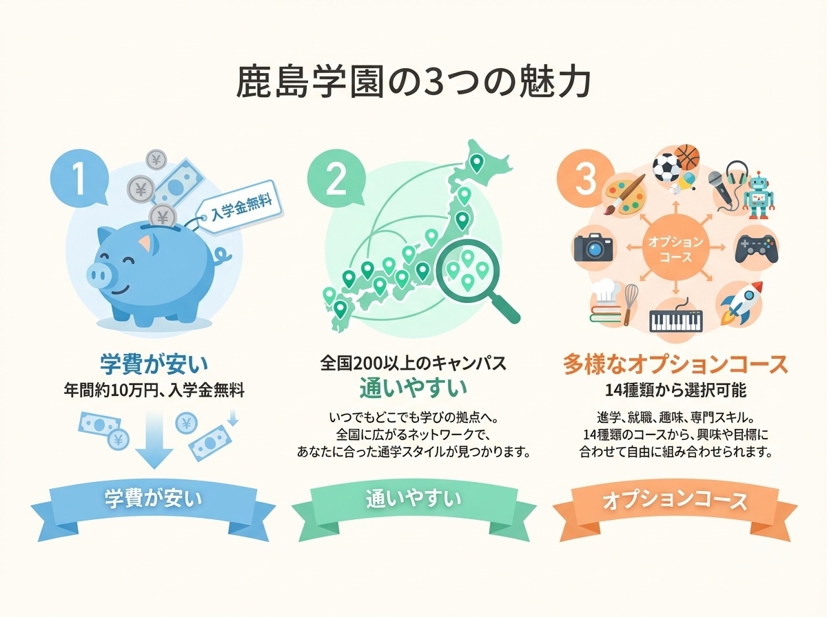 鹿島学園高等学校の3つの魅力を示すインフォグラフィック。学費が安い(年間約10万円・入学金無料)、全国200以上のキャンパスで通いやすい、14種類の多様なオプションコースから選択可能、の3点を図解。