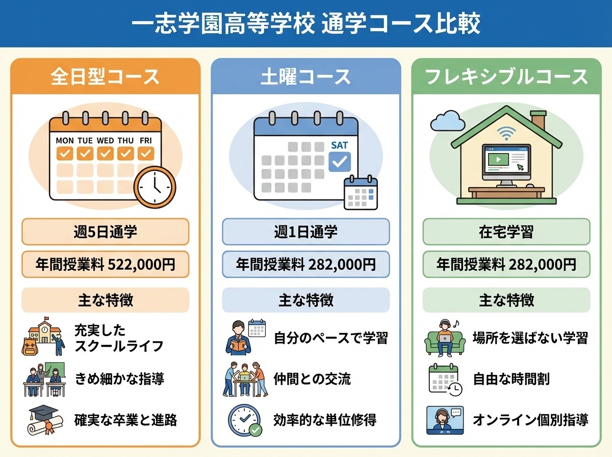 一志学園高等学校の3つの通学コース 全日型・土曜・フレックスコースの比較