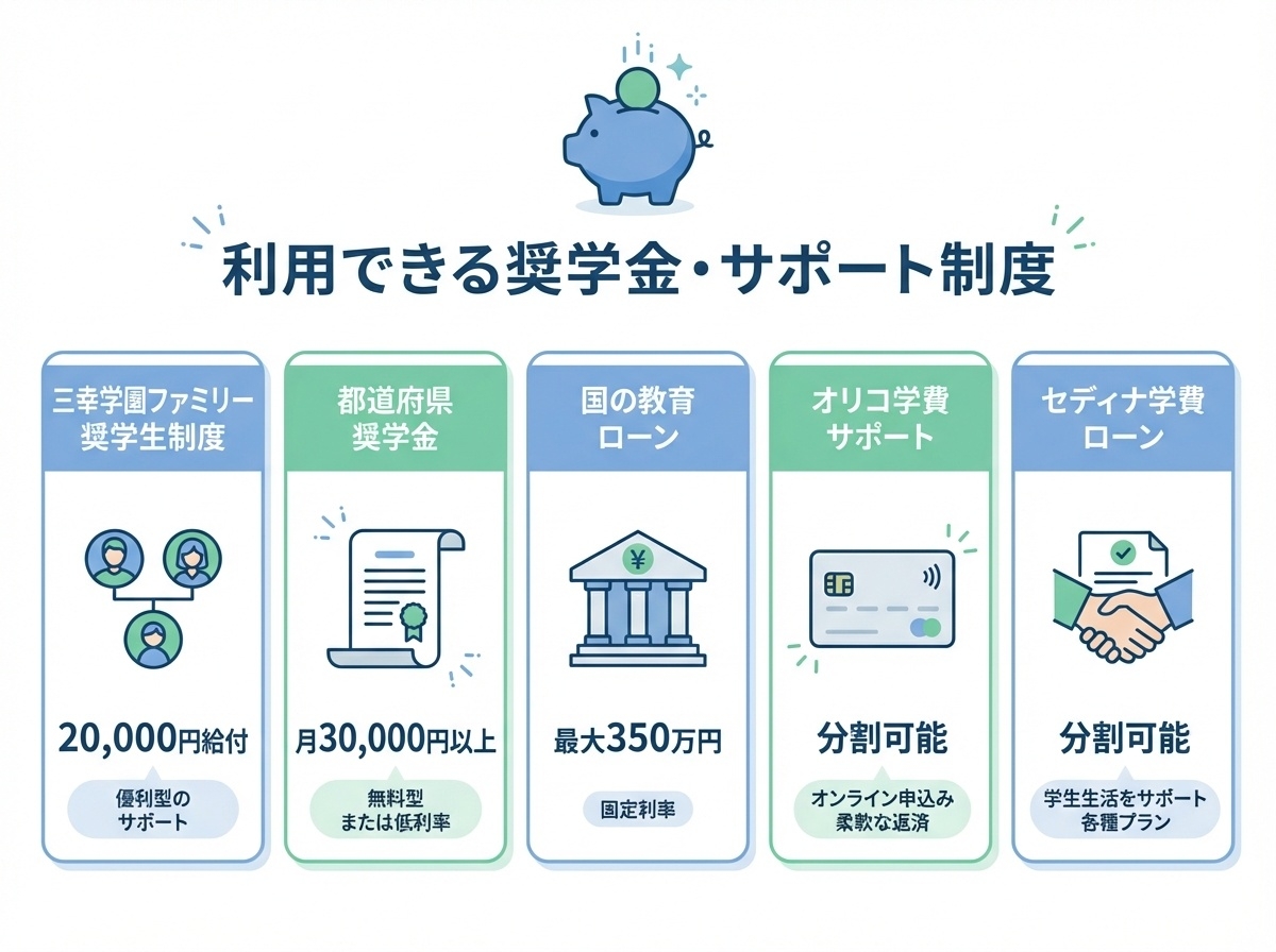 飛鳥未来高等学校で利用できる奨学金とサポート制度インフォグラフィック。三幸学園ファミリー奨学生制度20,000円給付、都道府県奨学金月30,000円以上、国の教育ローン最大350万円、オリコ学費サポート分割可能、セディナ学費ローン分割可能。5つの経済的サポート制度を紹介。