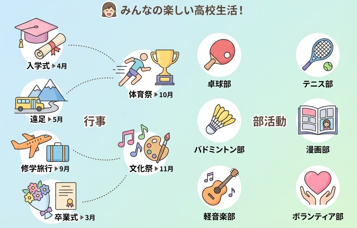 一志学園高等学校の学校行事・部活動 入学式、体育祭、遠足、修学旅行、文化祭、卒業式などの年間行事と、卓球部、ソフトテニス部、バドミントン部、軽音楽部、漫画映画研究会、ボランティア部などの部活動を示すフラットデザインのインフォグラフィック