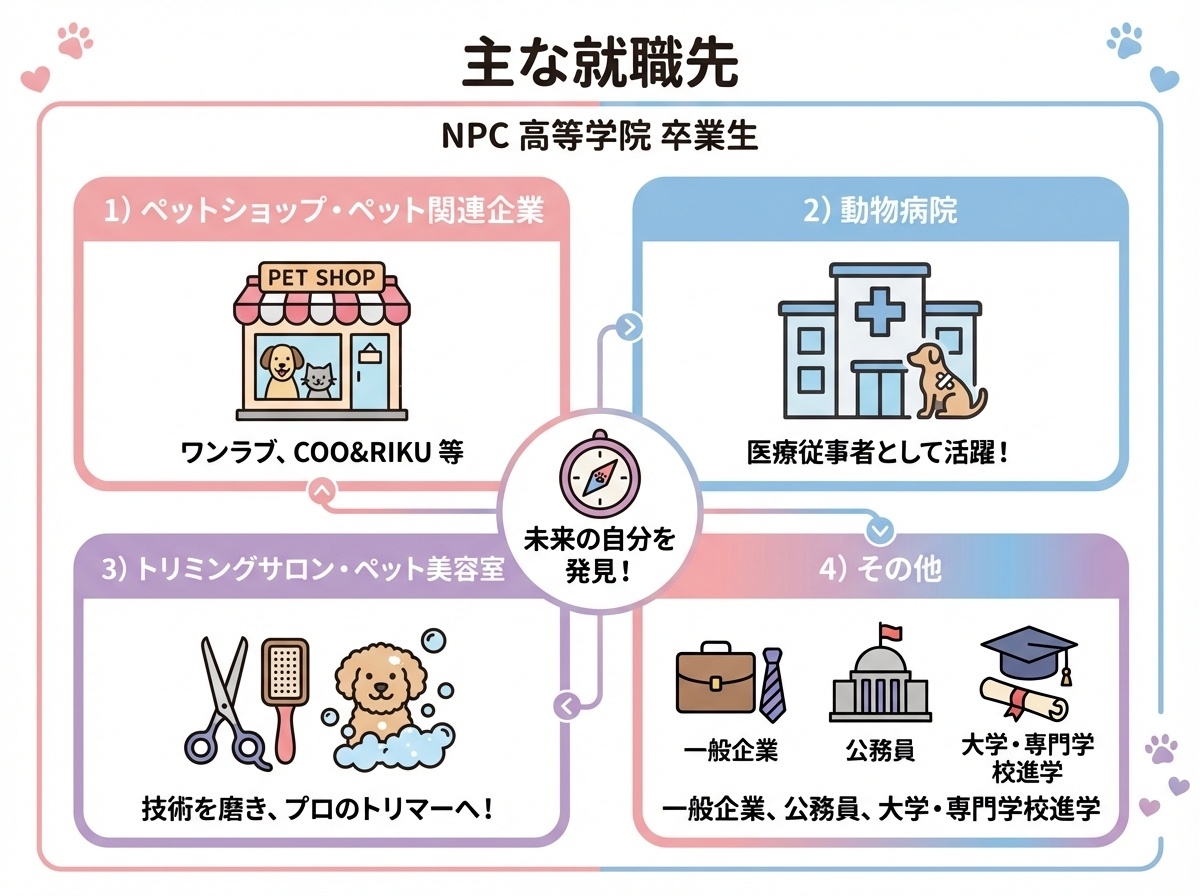 NPC高等学院卒業生の主な就職先 ペットショップ、動物病院、トリミングサロン、一般企業などの進路を紹介
