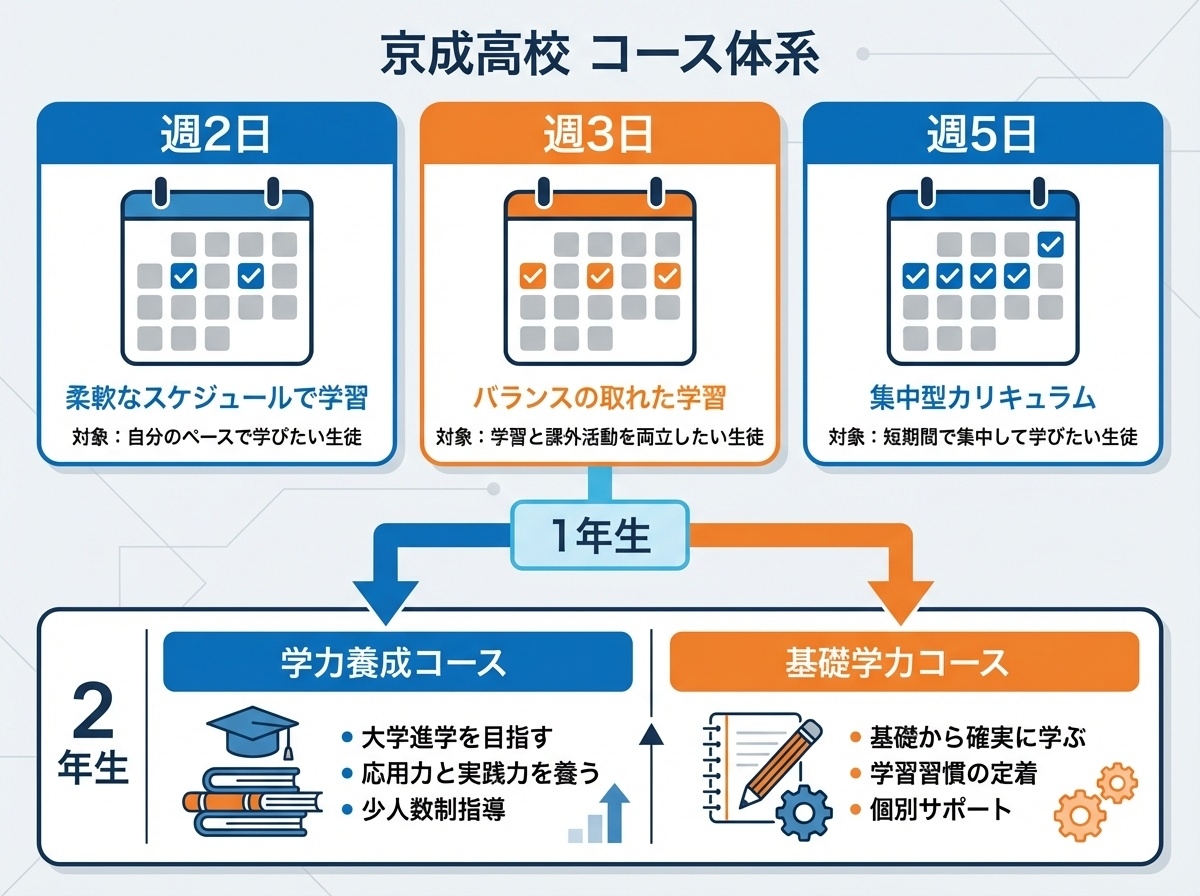 啓晴高等学校の通学コース 週2日・週3日・週5日から選択可能 2年次からは学力養成コースと基礎学力コースに分かれる