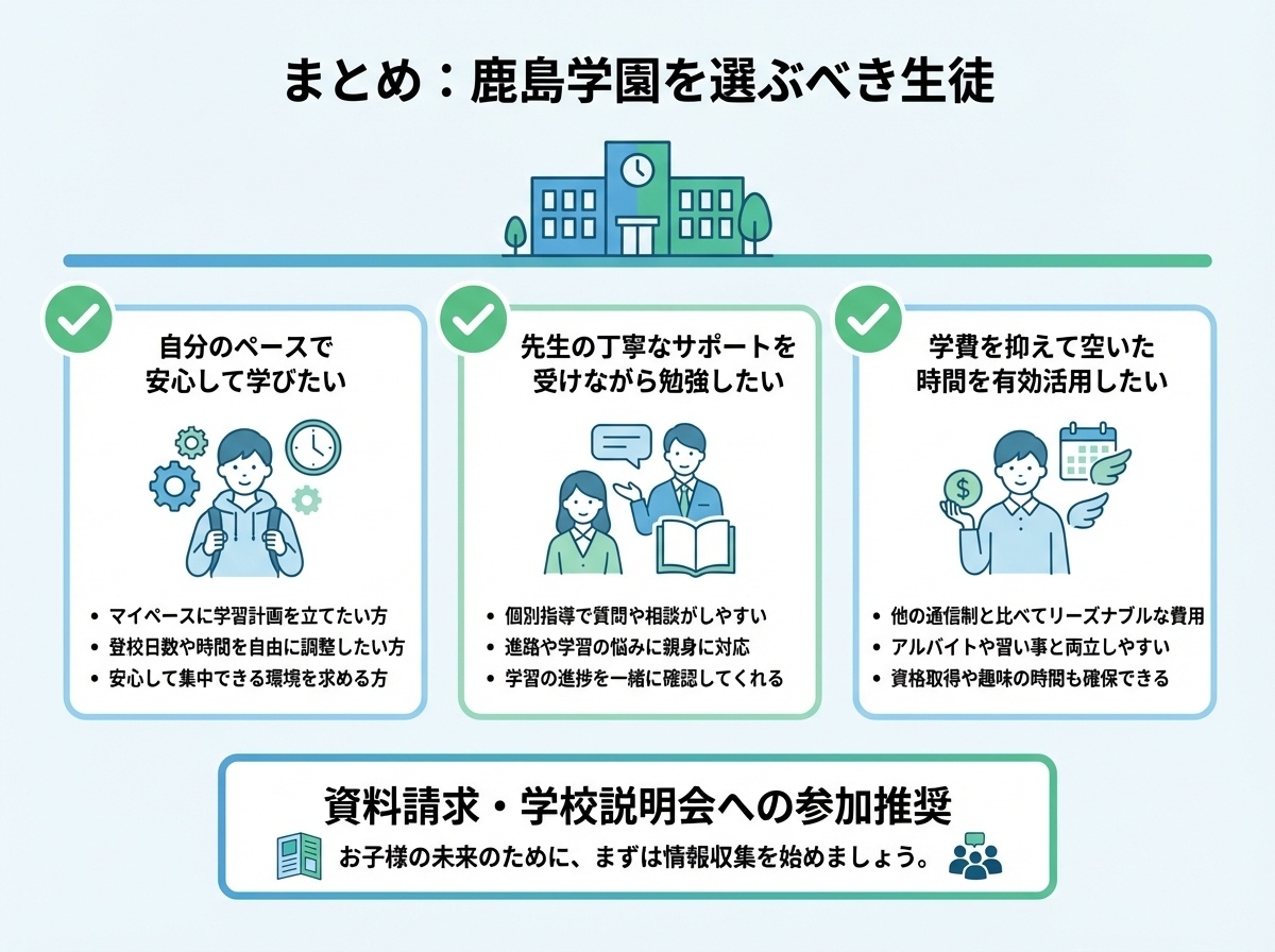 鹿島学園高等学校を選ぶべき生徒像をまとめたインフォグラフィック。自分のペースで安心して学びたい、先生の丁寧なサポートを受けながら勉強したい、学費を抑えて空いた時間を有効活用したい、という3つのタイプの生徒に最適であることを図解。