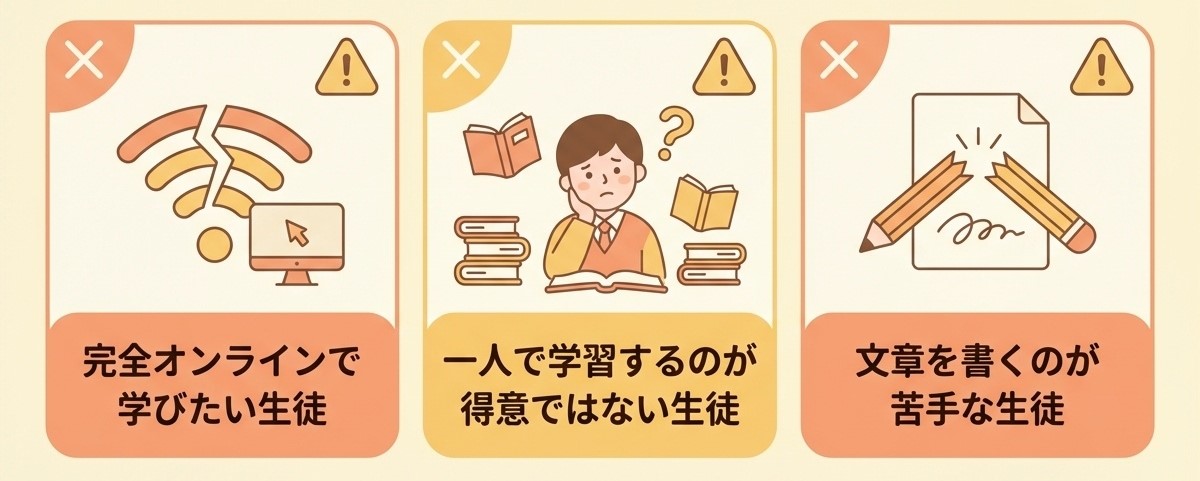 啓晴高等学校に向いていない可能性がある生徒 完全オンラインで学びたい・一人で学習するのが得意ではない・文章を書くのが苦手な生徒は他の学校も検討を