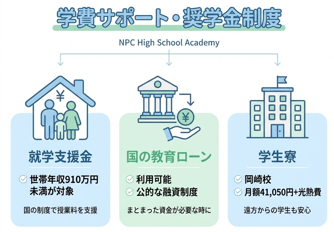NPC高等学院の学費サポート・奨学金制度 就学支援金、国の教育ローン、学生寮の情報インフォグラフィック