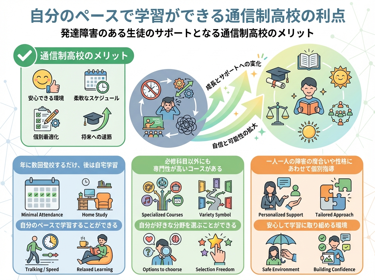 発達障害のある生徒のための通信制高校の利点を示すインフォグラフィック。支援的利益テーマで構成。中央に課題から利益への変換をポジティブな矢印で表現。上部に緑色テーマで主要な利点を強調:通信制高校のメリットとチェックマークと肯定的アイコン。主な利点をカラーボックスと大きなアイコンで表示
