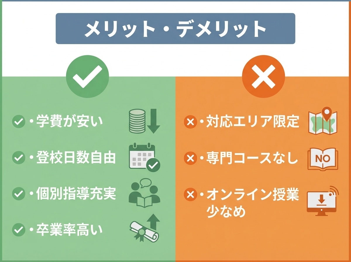 つくば開成学園高等学校のメリット・デメリット比較：学費の安さや登校自由などのメリットと、対応エリア限定などのデメリットを整理