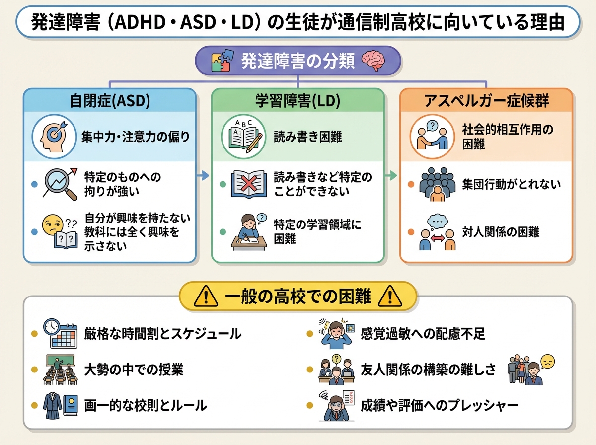 発達障害(ADHD・ASD・LD)の生徒が通信制高校に向いている理由を示すインフォグラフィック。教育的で包括的なテーマで構成。上部にパズルピースと脳のアイコンで発達障害の分類を説明。3つのタイプをカラーボックスで表示