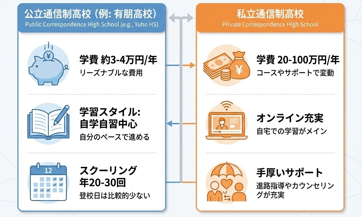 公立通信制と私立通信制高校の比較表|学費・学習スタイル・サポート体制・スクーリング頻度の違いを視覚的に比較