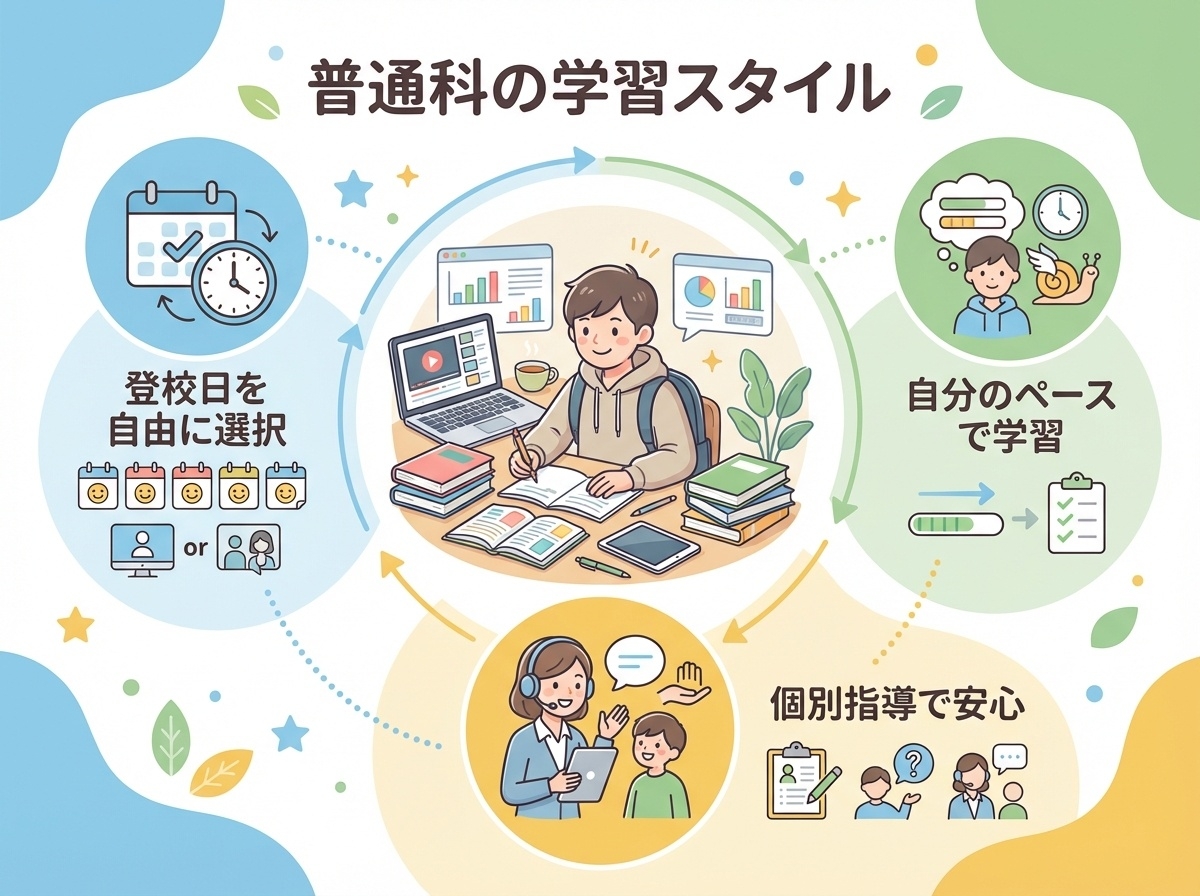 つくば開成学園高等学校の普通科学習スタイル：自分のペースで学習、登校日を自由に選択、個別指導で安心のインフォグラフィック