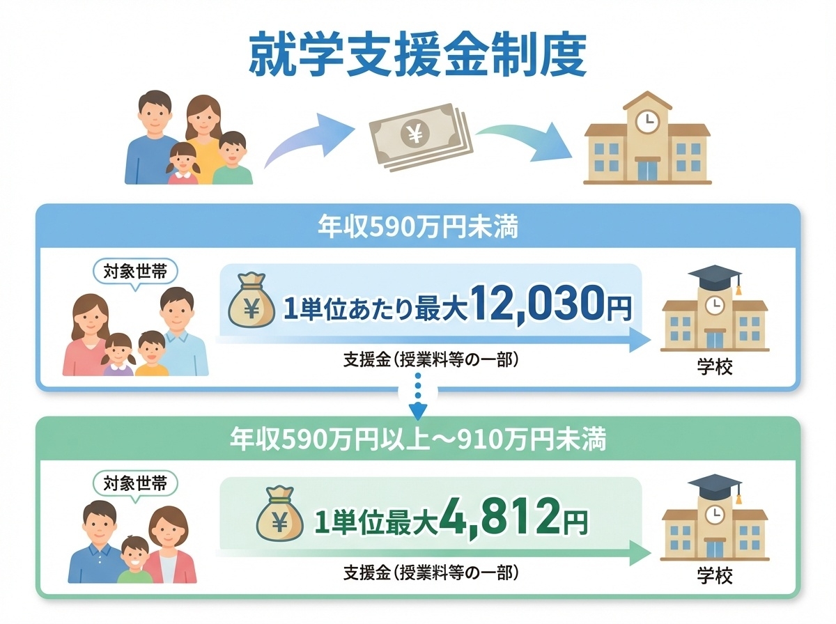 高等学校等就学支援金制度の説明、世帯年収別の支援金額と支給条件