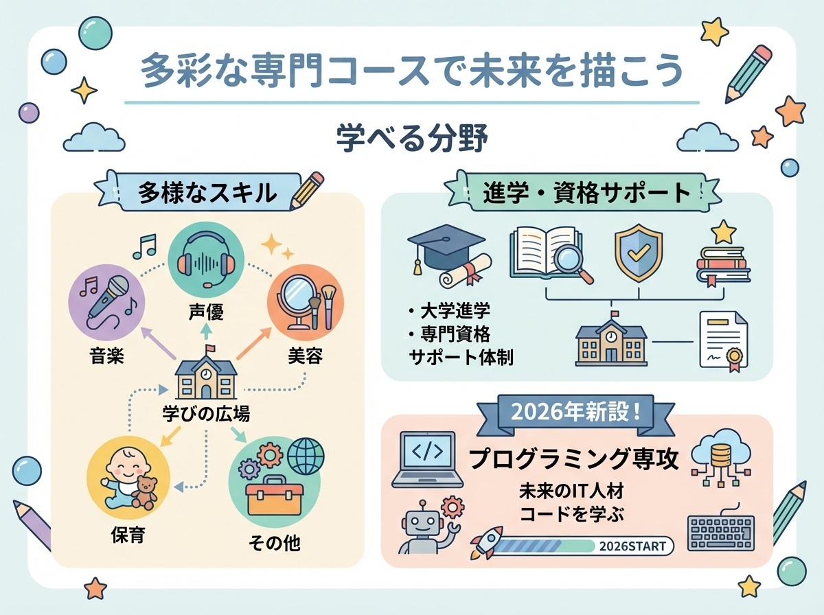 豊富な専門コース
音楽・声優・美容・保育、進学対応、2026年プログラミング新設