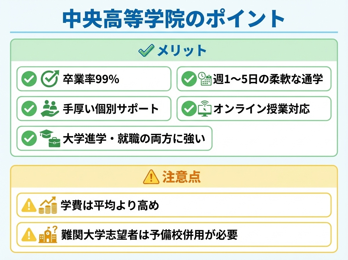 中央高等学院のメリットと注意点まとめ、卒業率99%・柔軟な通学・手厚いサポートと学費について