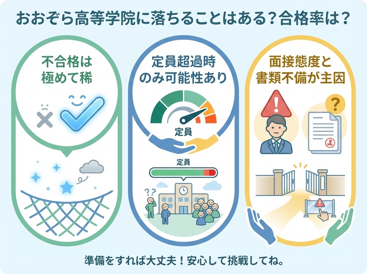おおぞら高等学院の合格率を図解
不合格は極めて稀で定員超過時のみ