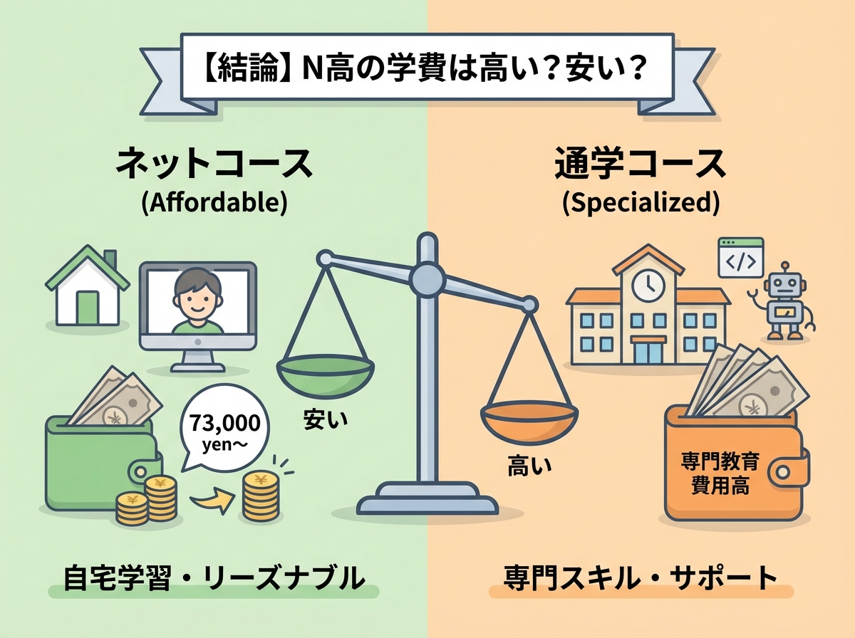 N高等学校の学費が高いか安いかを比較するインフォグラフィック(ネットコース73,000円〜は格安、通学コースは私立並み、選択コースによって大きく異なる)