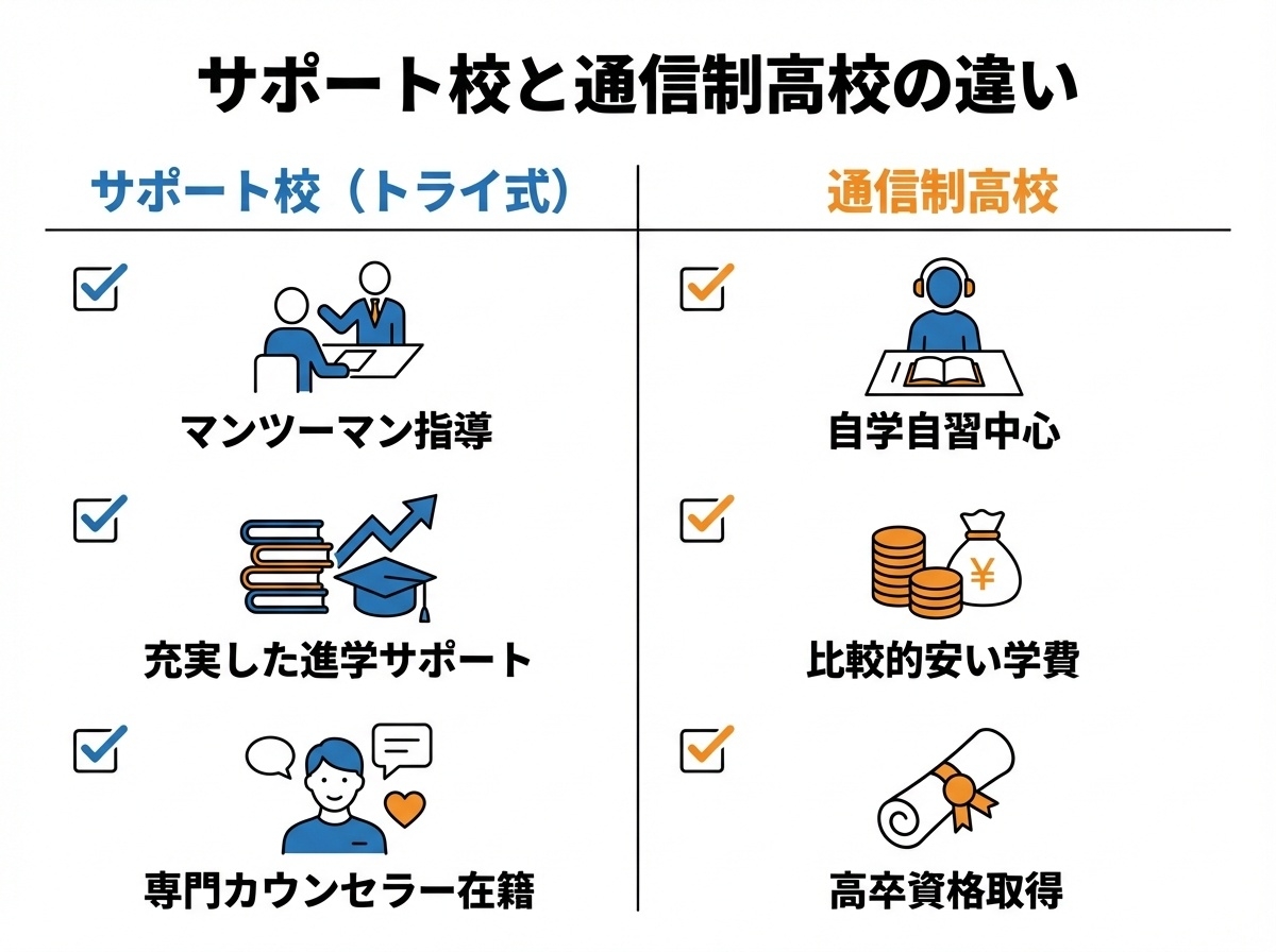 サポート校（トライ式）と通信制高校の違い比較インフォグラフィック：サポート校はマンツーマン指導・充実した進学サポート・専門カウンセラー在籍、通信制高校は自学自習中心・比較的安い学費・高卒資格取得