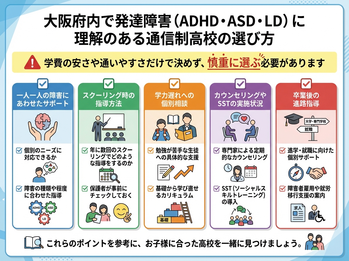 大阪府内で発達障害(ADHD・ASD・LD)に理解のある通信制高校の選び方をチェックリスト形式で示すインフォグラフィック。実践的選択ガイダンステーマで構成。上部に警告メッセージ:学費の安さや通いやすさだけで決めず、慎重に選ぶ必要がありますと注意アイコン・慎重な選択強調