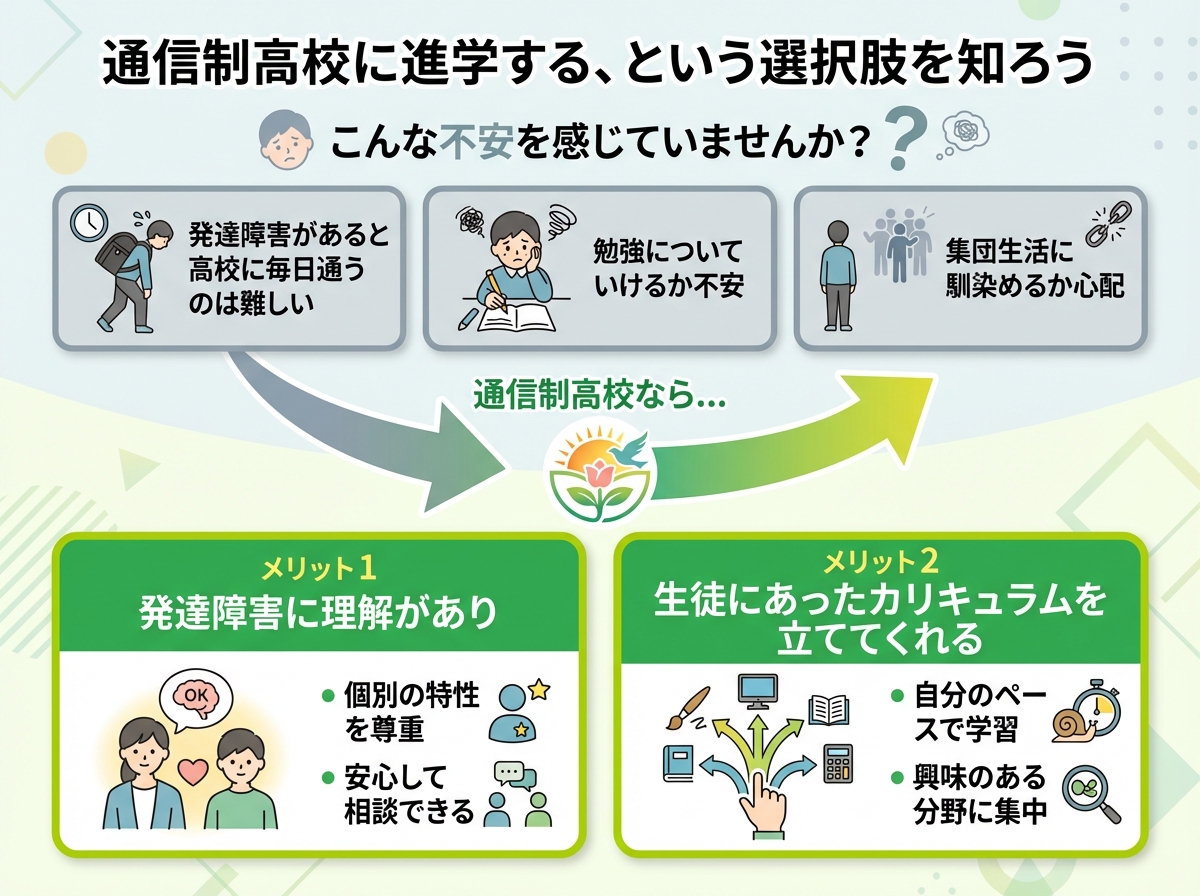 発達障害のある生徒に通信制高校を選択肢として考えることを励ますインフォグラフィック。希望に満ちた力づけテーマで構成。上部に共感的アイコンで懸念に対処:こんな不安を感じていませんか?と疑問符・懸念アイコン。3つの一般的な心配を灰色のボックスと心配アイコンで表示:発達障害があると高校に毎日通うのは難しい(毎日通学困難アイコン)、勉強についていけるか不安(学業不安アイコン)、集団生活に馴染めるか心配(社会統合心配アイコン)。中央に灰色の心配から緑色の解決策への大きな矢印で変換セクション:通信制高校なら...とポジティブな変換シンボル・希望アイコン。主要な利点セクションを鮮やかな緑色テーマとポジティブアイコンで表示