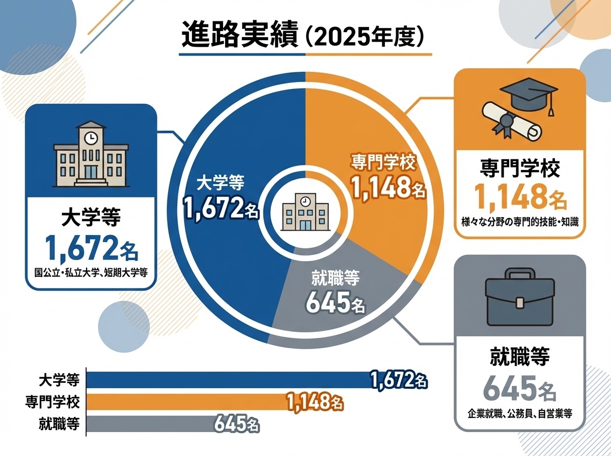 第一学院高等学校の2025年度進路実績(大学1,672名・専門学校1,148名・就職645名)を示すインフォグラフィック