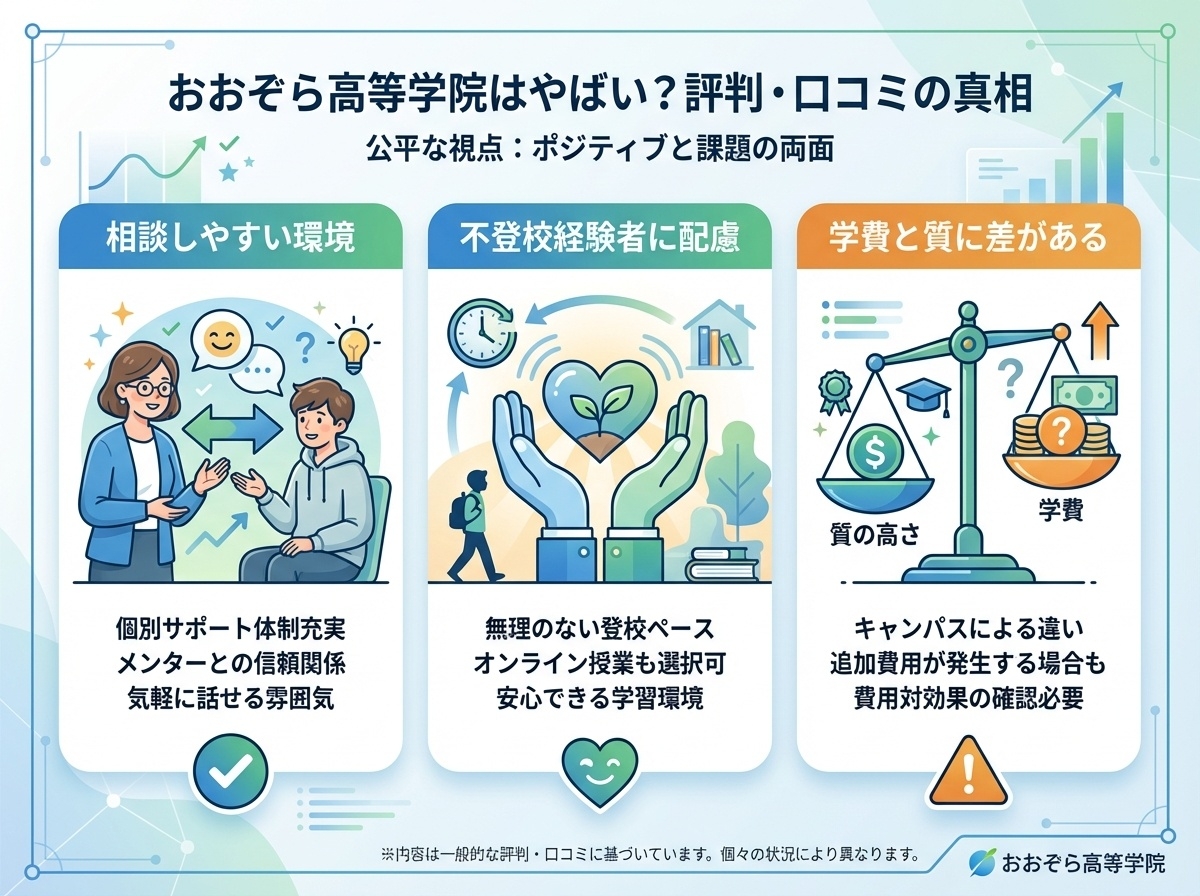 おおぞら高等学院の評判を解説
相談環境と不登校配慮の実態