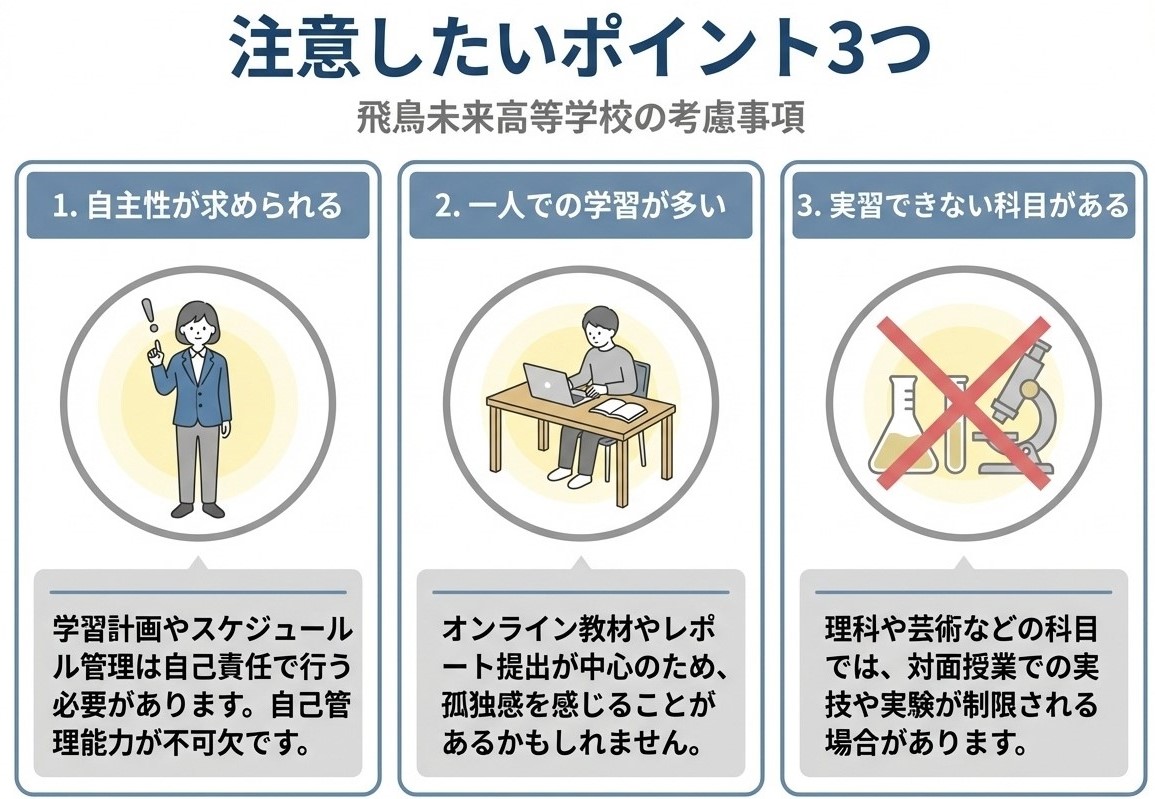 飛鳥未来高等学校の注意点3つ。自主性が求められる、一人での学習が多い、実習できない科目がある