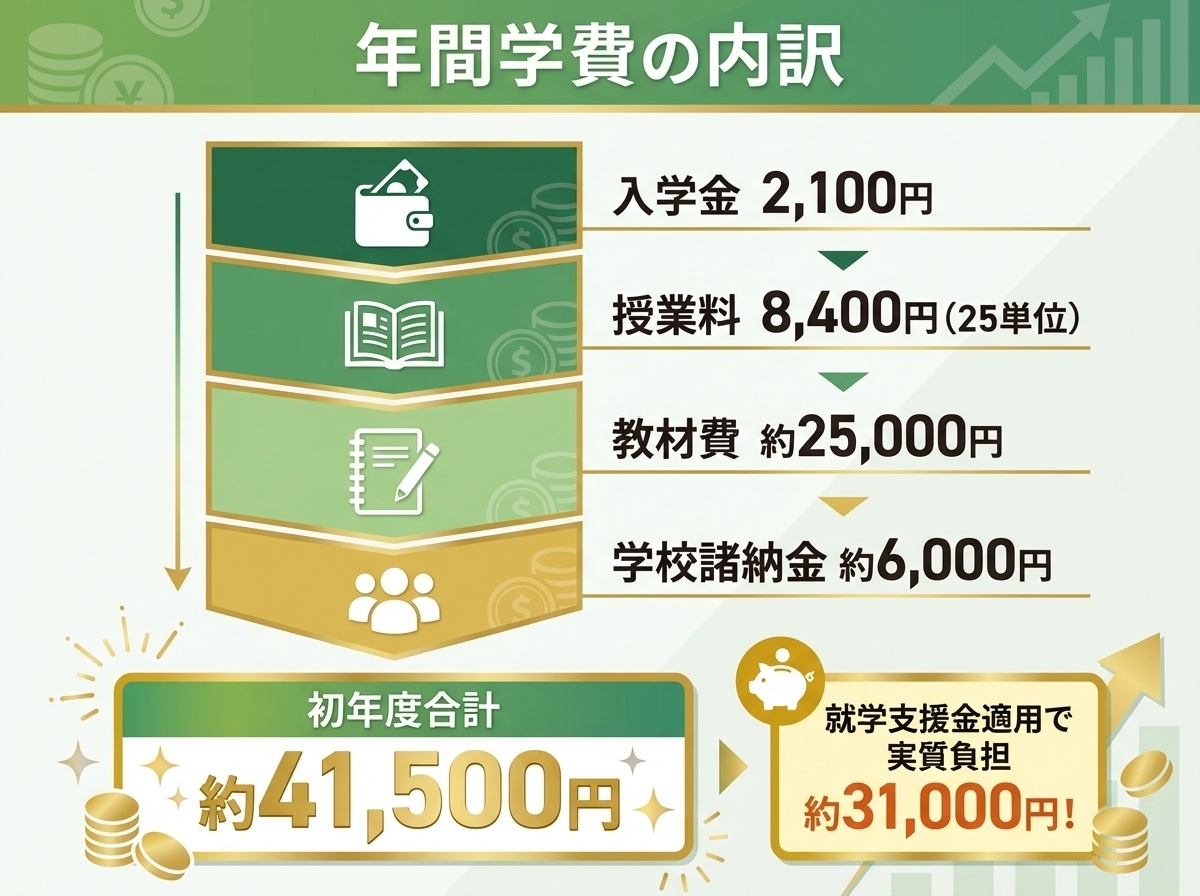 北海道有朋高等学校の年間学費内訳|入学金2,100円、授業料8,400円(25単位)、教材費約25,000円、初年度合計約41,500円、就学支援金適用で実質約31,000円