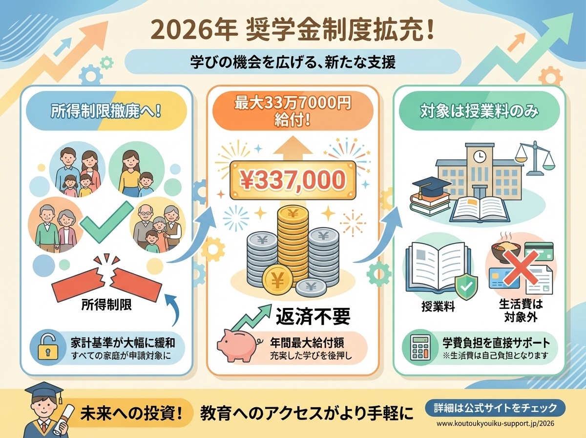 2026年度支援金制度改正 / 所得制限実質撤廃、最大337,000円支給、授業料のみ対象