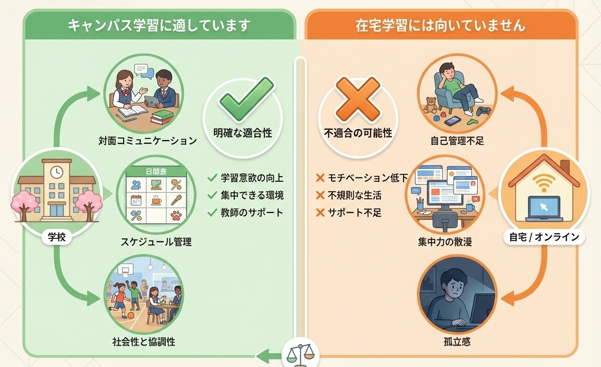 登校型を希望する生徒向け、在宅中心希望者には不向き