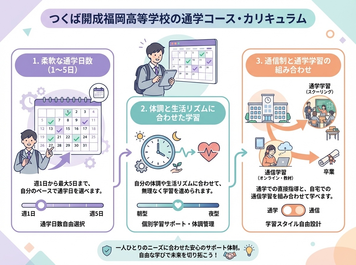 つくば開成福岡高等学校の通学コース・カリキュラムを説明した画像