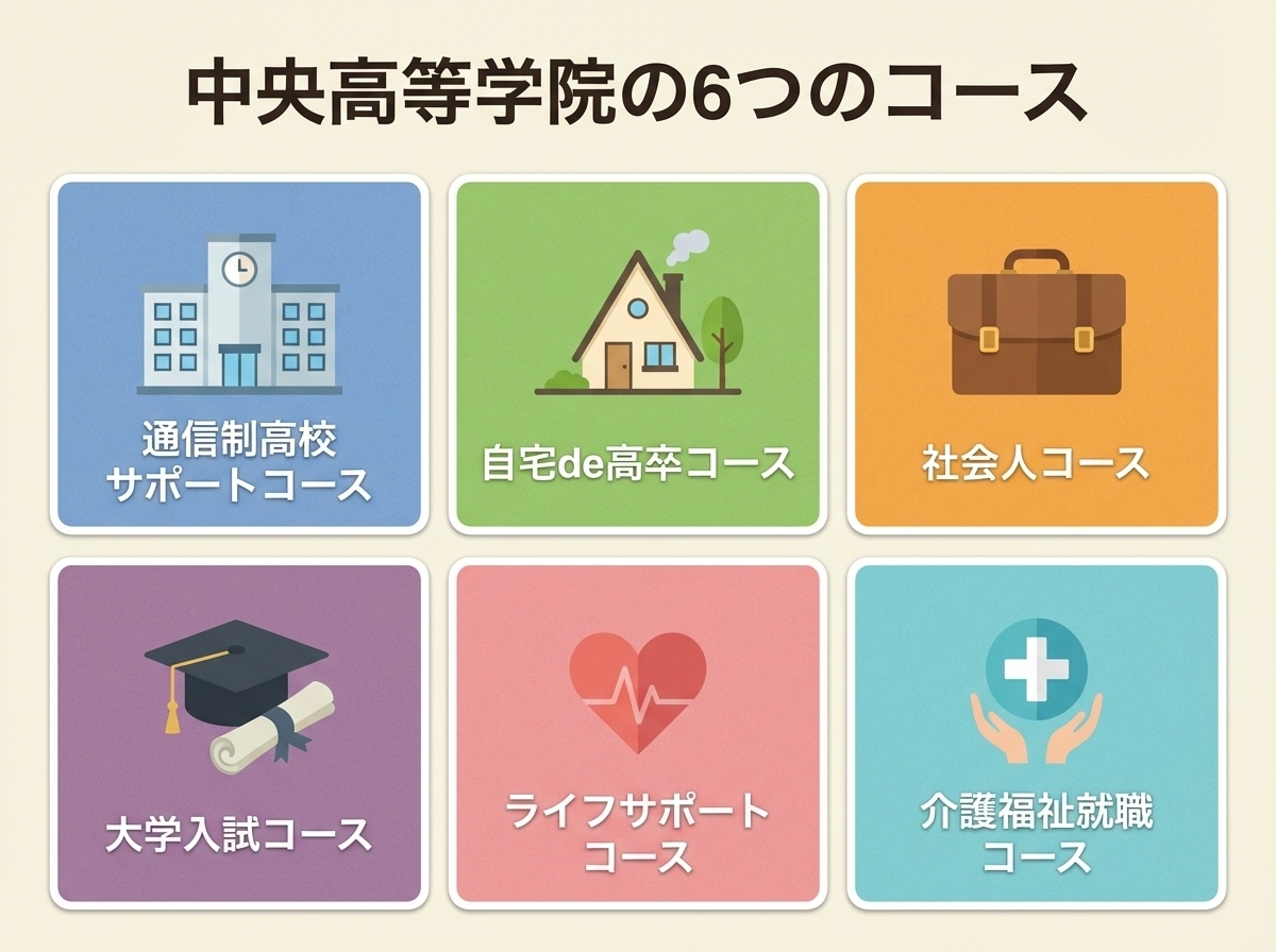 中央高等学院の6つのコース紹介、通信制サポート・自宅de高卒・社会人・大学入試・ライフサポート・介護福祉就職コース
