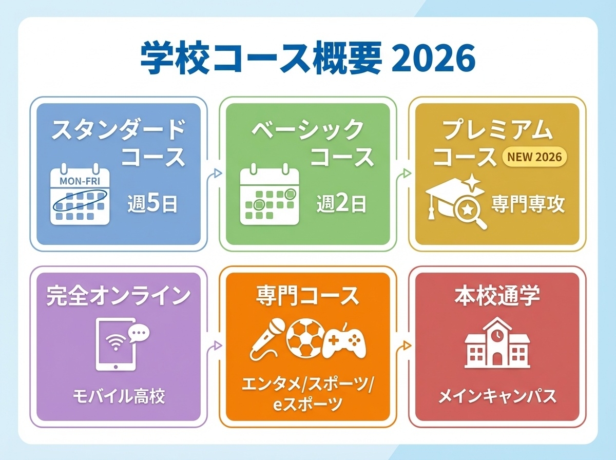 第一学院高等学校2026年度通学コース一覧インフォグラフィック|スタンダード・ベーシック・プレミアム・オンライン・専門コース・本校通学