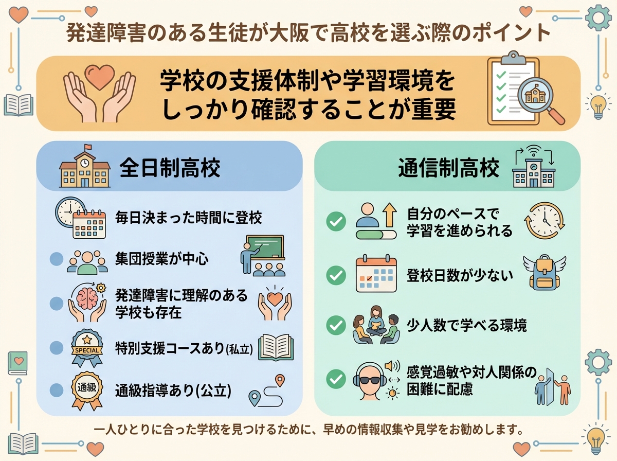 発達障害のある生徒が大阪で高校を選ぶ際のポイントを示すインフォグラフィック。包括的で支援的なテーマで構成。上部に学校の支援体制や学習環境をしっかり確認することが重要というキーメッセージを支援の手とチェックリストアイコンで表示。主要比較セクションで2つの学校タイプを提示