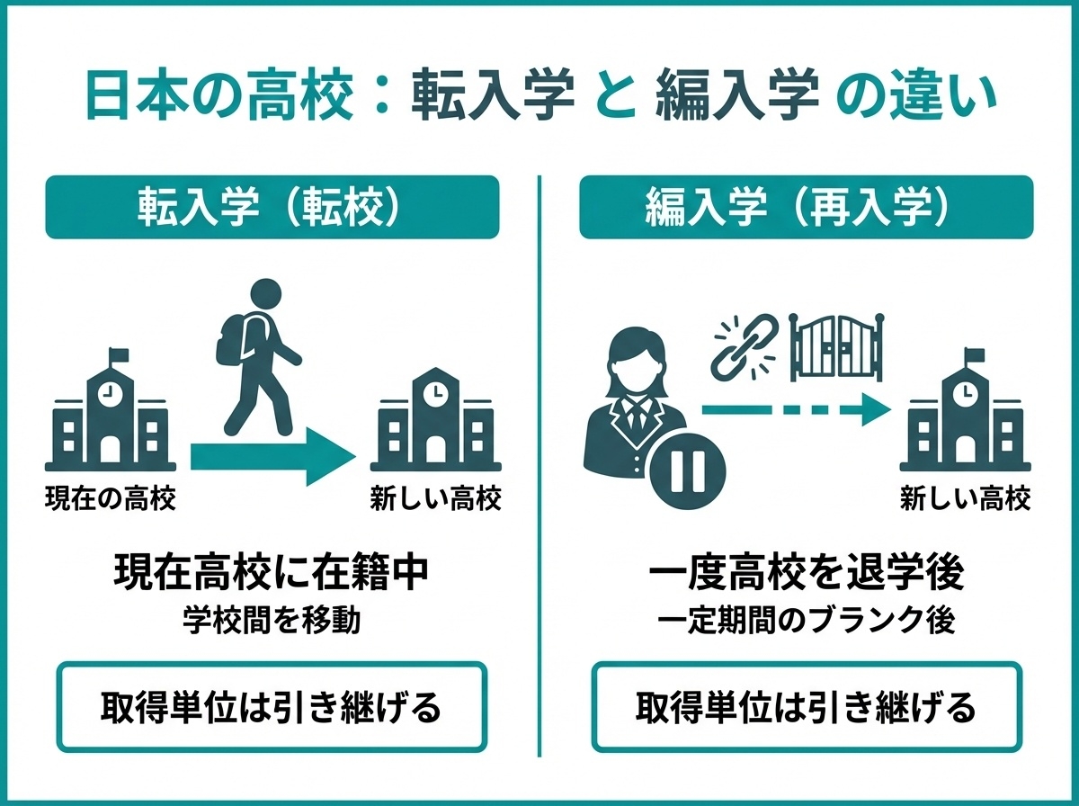 転入学と編入学の違いを比較して説明するインフォグラフィック、取得単位は引き継げることを示す