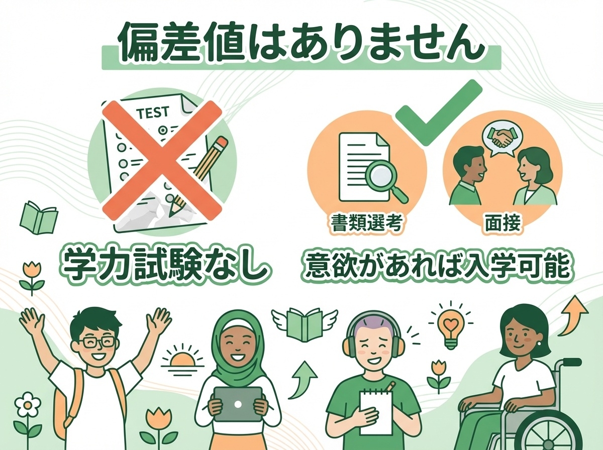 偏差値なし・学力試験なしで入学可能を示すインフォグラフィック：書類選考と面接のみで意欲があれば入学できる