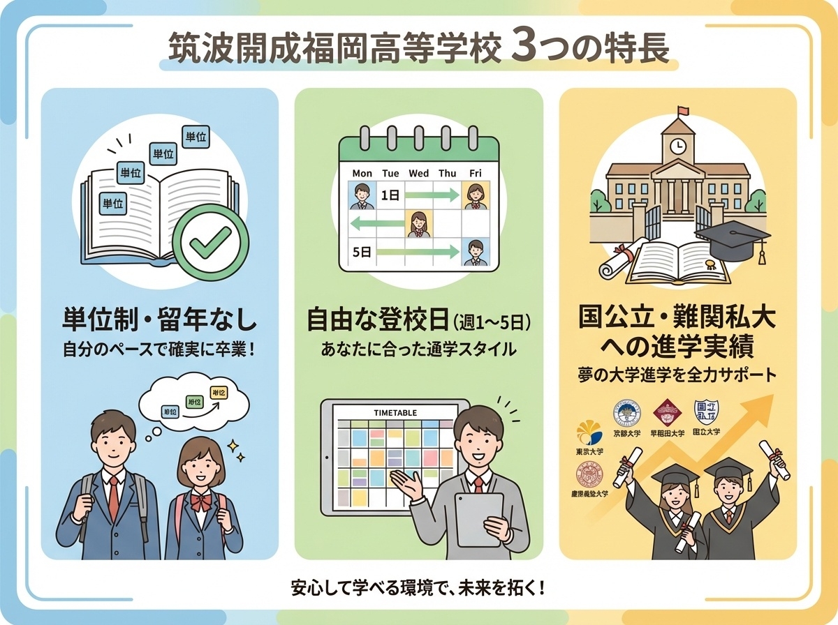 単位制で留年なし、週1〜5日選択可、難関大学進学実績
