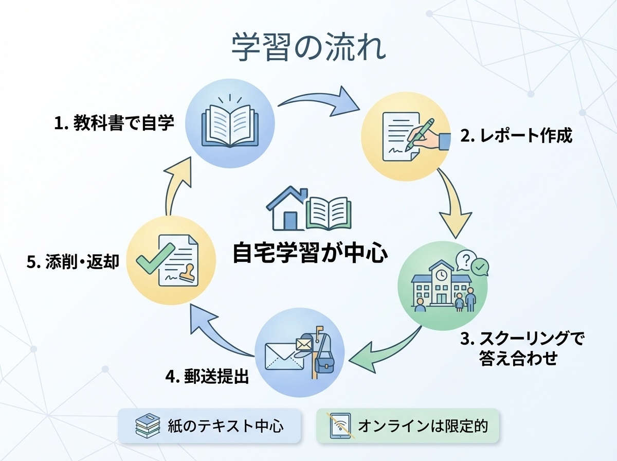 北海道有朋高等学校の学習サイクル|教科書で自学→レポート作成→スクーリングで答え合わせ→郵送提出→添削返却の5ステップ